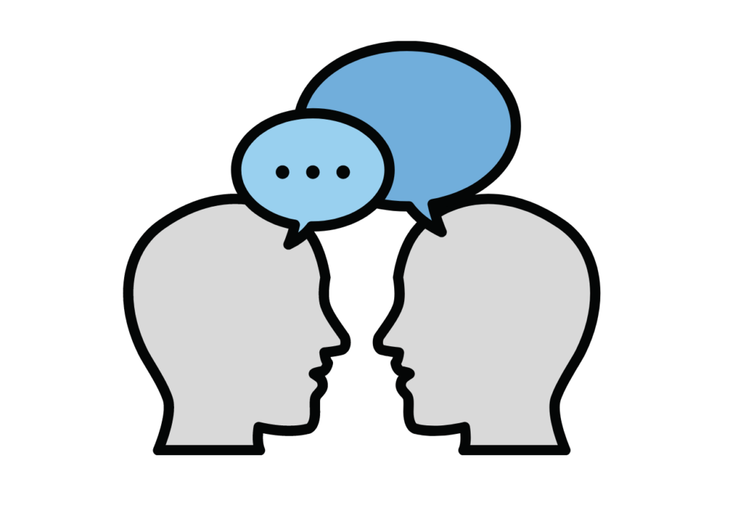 Outline of two faces turned towards each other with speech bubbles above them